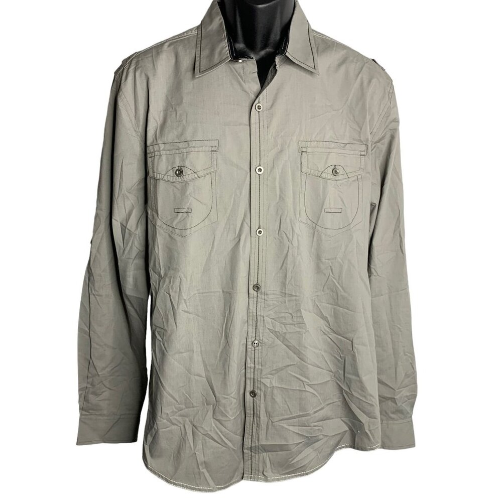 Drill Clothing Roll Tab Sleeve Button Up Shirt L Grey Chest Pockets Collared